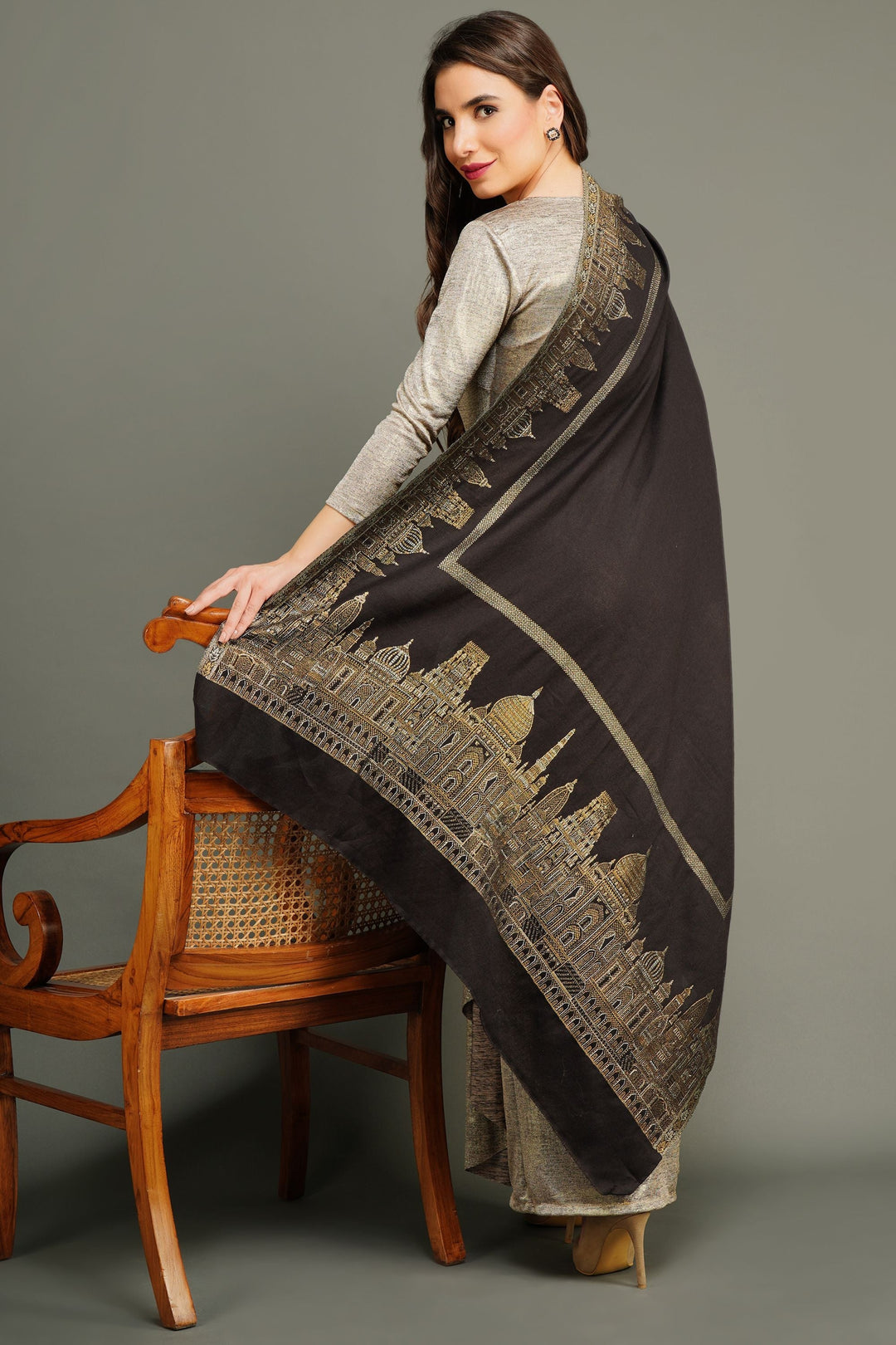 Pashmina Gold Resham Aari Thread Work Shawl for Men & Women | SHOBITAM