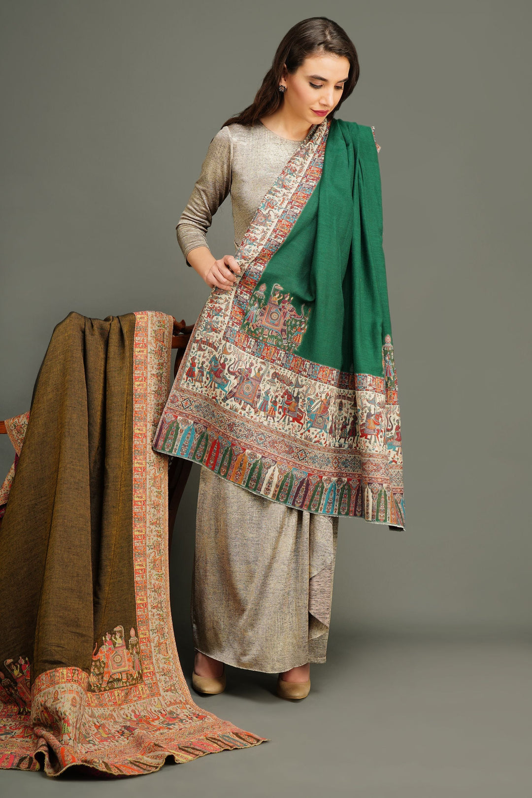 Pashmina Wool In Antique Jamawar Paisley Design | SHOBITAM