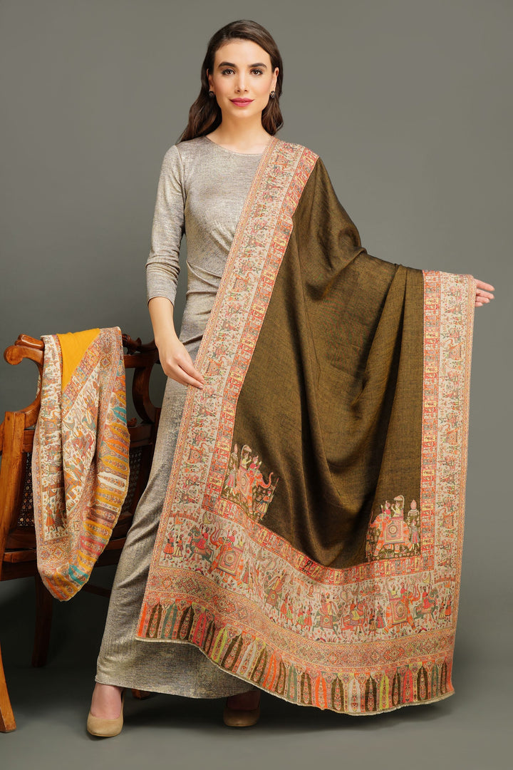 Pashmina Wool In Antique Jamawar Paisley Design | SHOBITAM