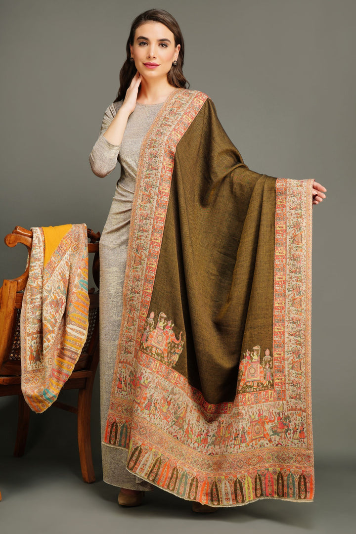 Pashmina Wool In Antique Jamawar Paisley Design | SHOBITAM