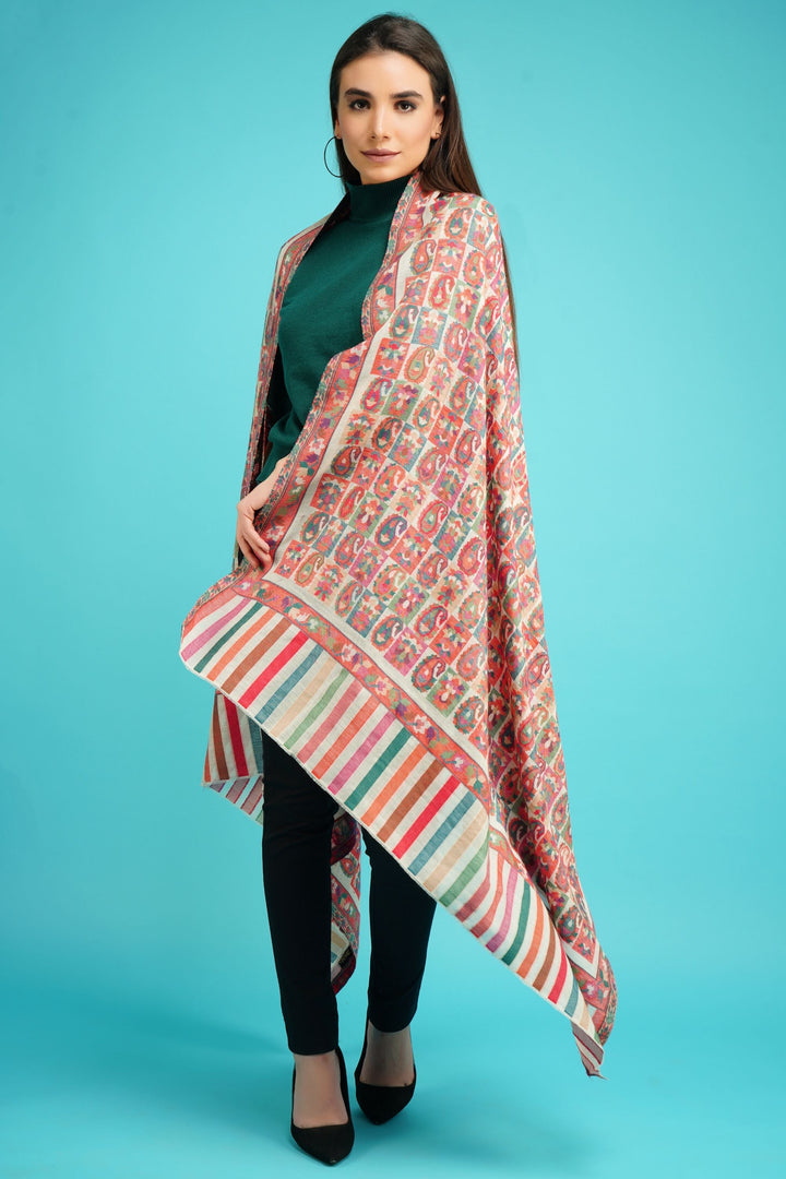 Cashmere Multicolor Kani Weave Fine Wool Shawl for Men & Women | SHOBITAM