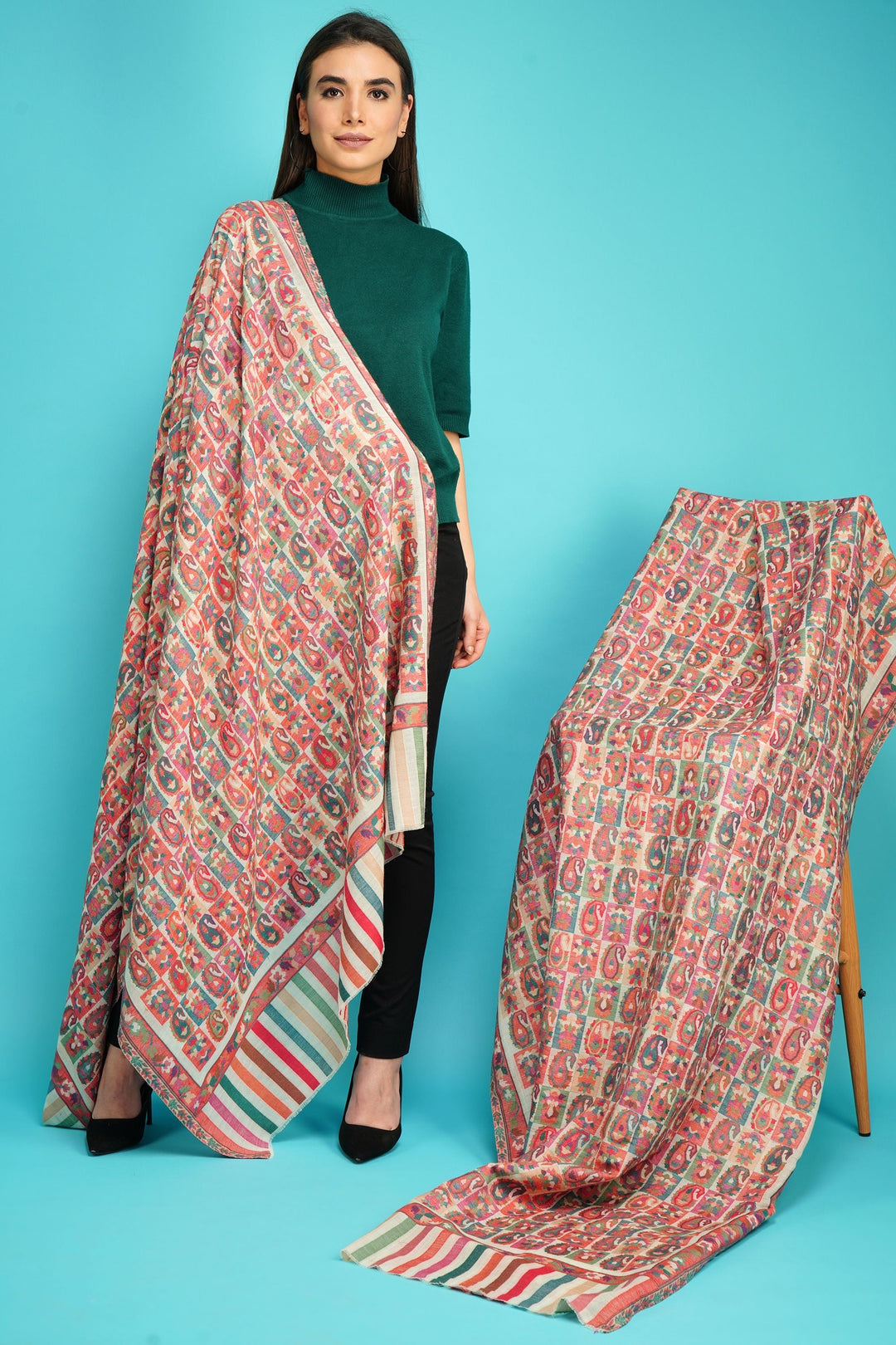 Cashmere Multicolor Kani Weave Fine Wool Shawl for Men & Women | SHOBITAM