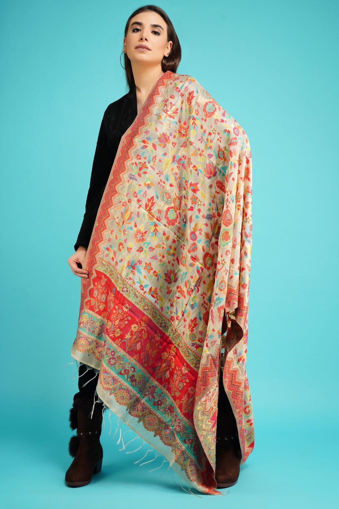 Cashmere Multicolor Kani Weave Shawl for Men & Women | SHOBITAM