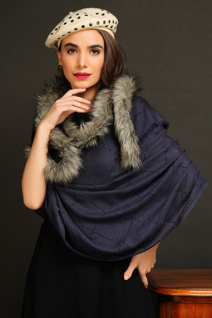 Fur Collar With Stone Work Pashmina Stole | SHOBITAM