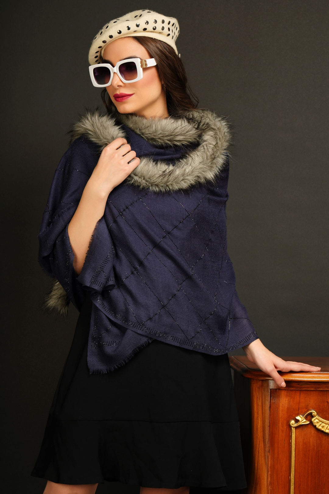 Fur Collar With Stone Work Pashmina Stole | SHOBITAM