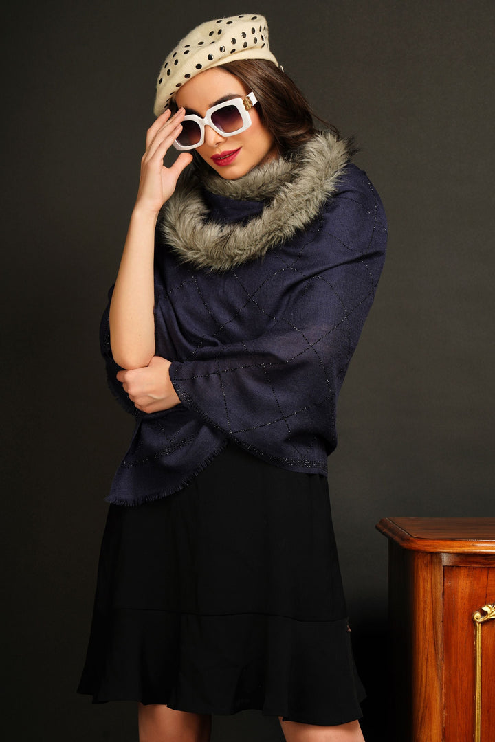 Fur Collar With Stone Work Pashmina Stole | SHOBITAM
