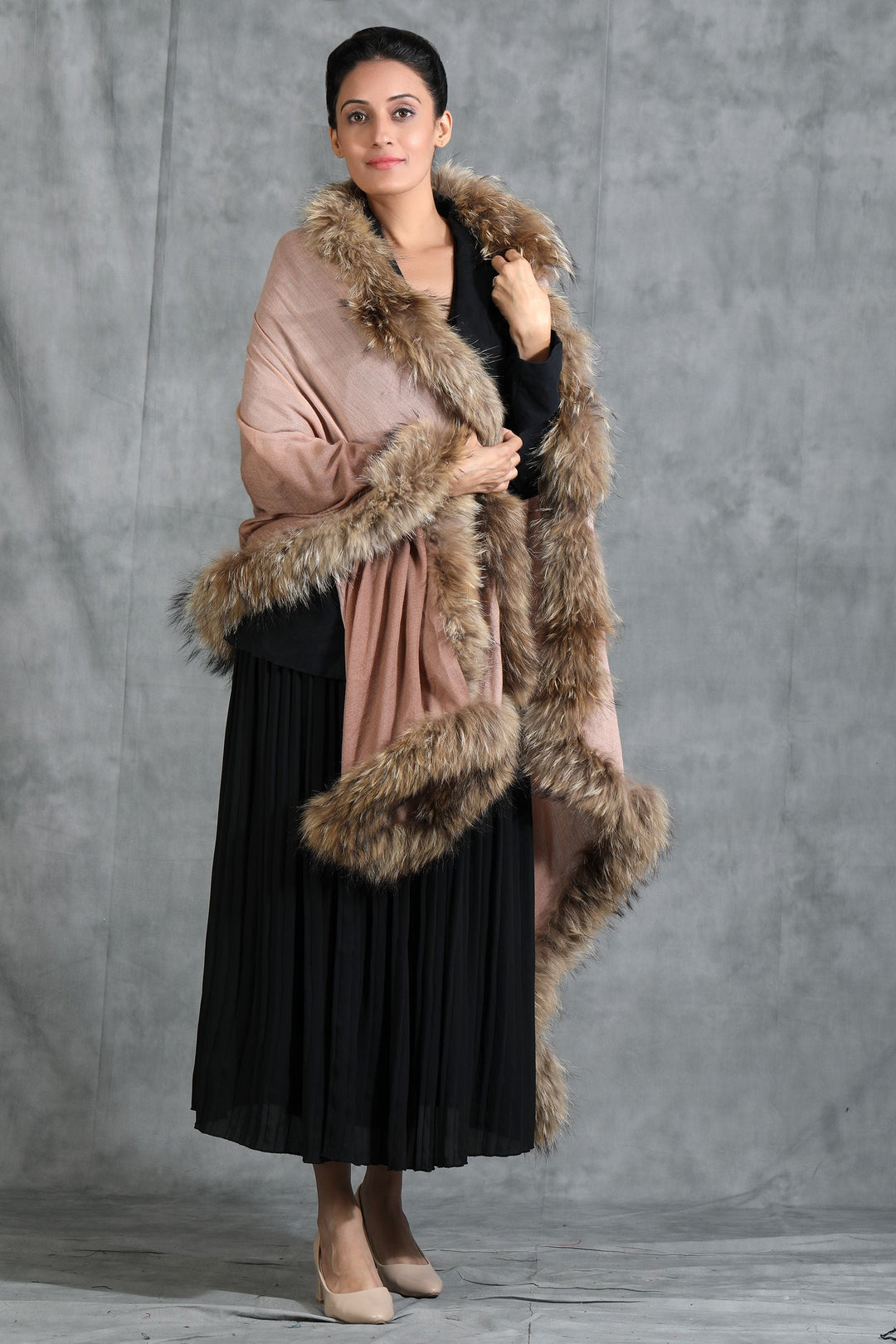 Cashmere Plain Stole With Hight Quality Ombre Fur Stole | SHOBITAM
