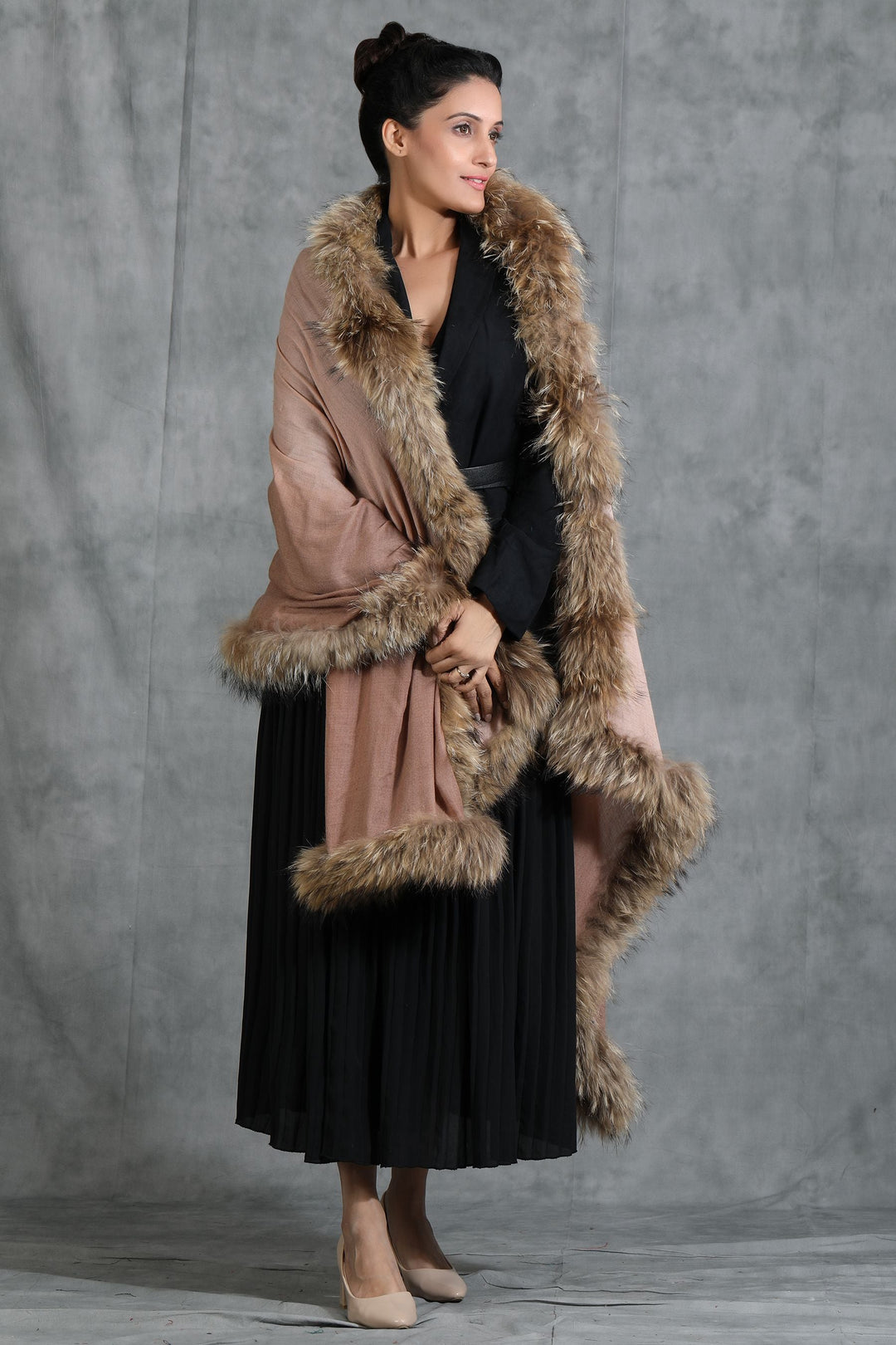 Cashmere Plain Stole With Hight Quality Ombre Fur Stole | SHOBITAM