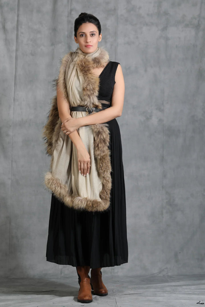 Cashmere Plain Stole With High Quality Ombre Fur Stole | SHOBITAM