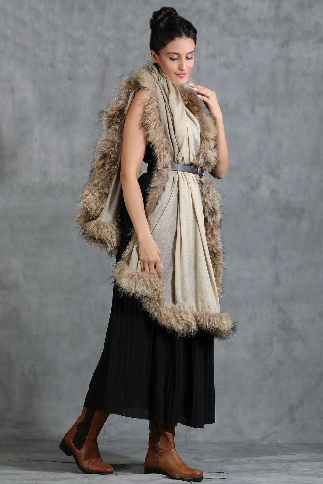 Cashmere Plain Stole With High Quality Ombre Fur Stole | SHOBITAM