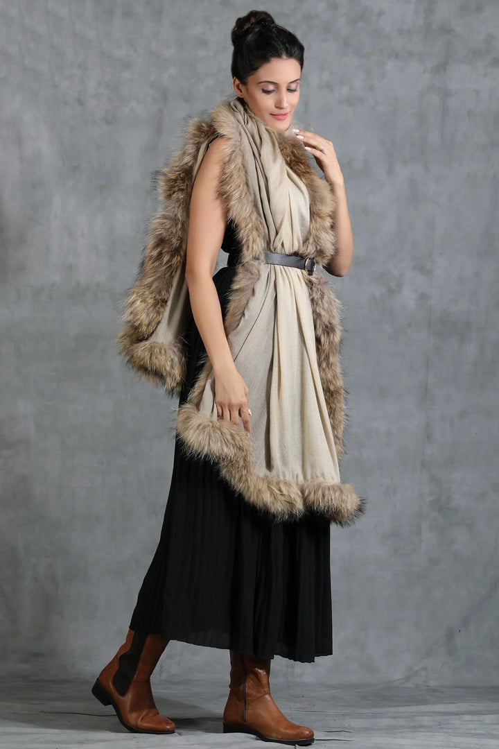 Cashmere Plain Stole With High Quality Ombre Fur Stole | SHOBITAM