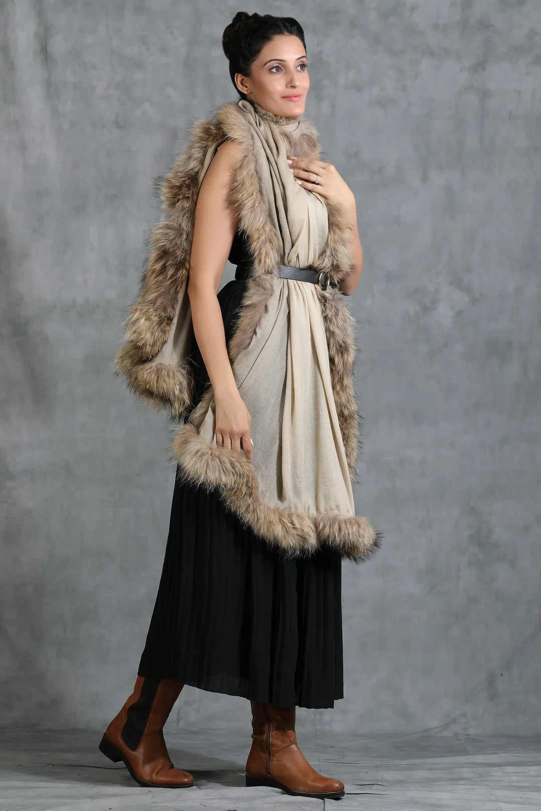 Cashmere Plain Stole With High Quality Ombre Fur Stole | SHOBITAM