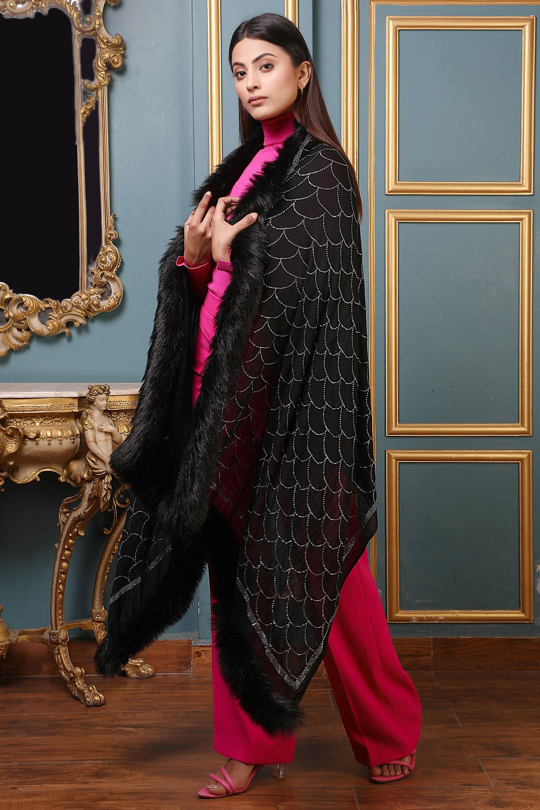 Cashmere Lite Jaal Stone Work Fur Stole | SHOBITAM