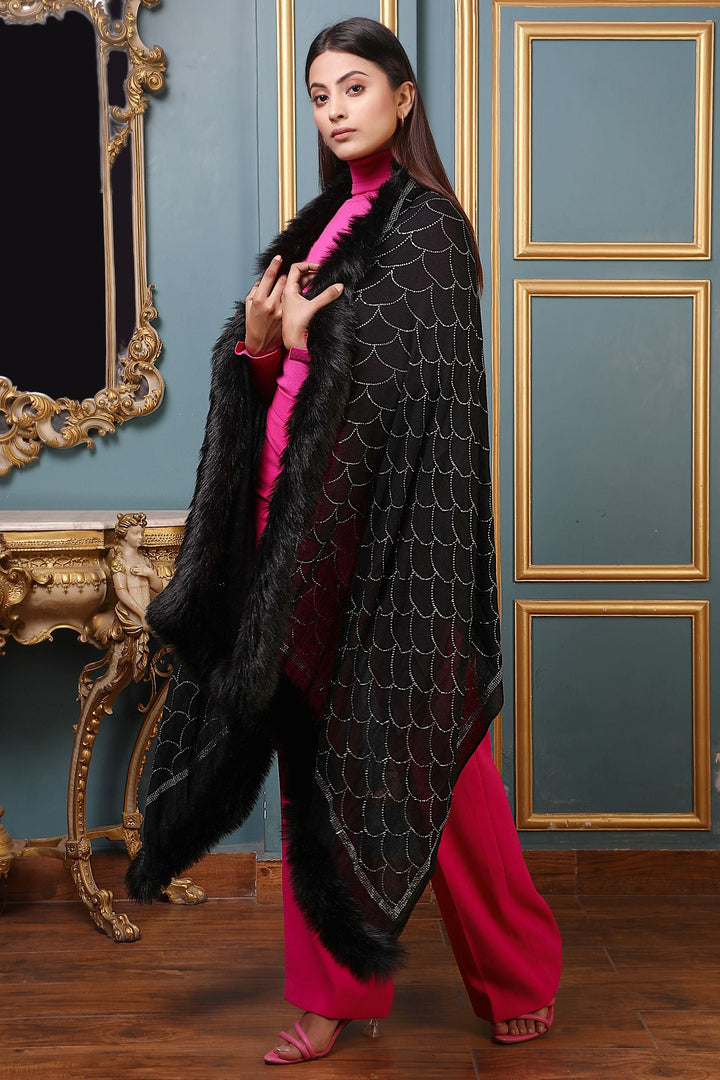 Cashmere Lite Jaal Stone Work Fur Stole | SHOBITAM