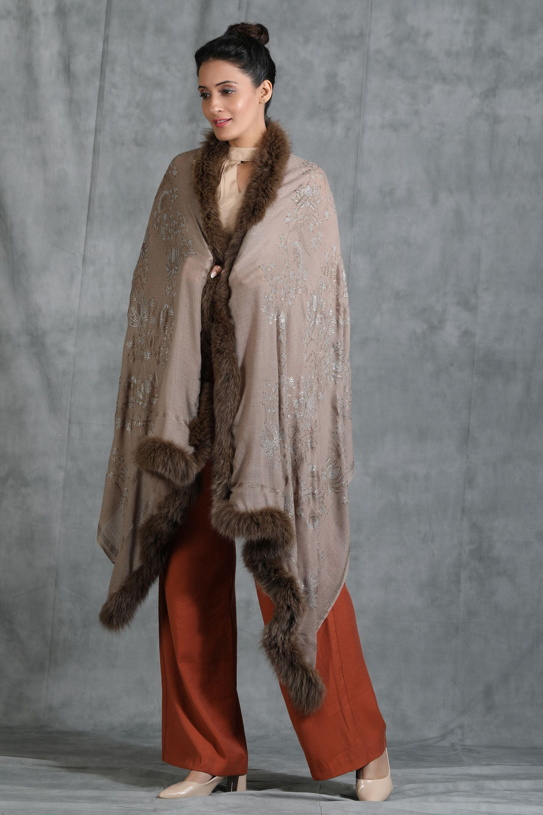 Cashmere Lotus Design Swarovski Stone Work Fur Stole | SHOBITAM