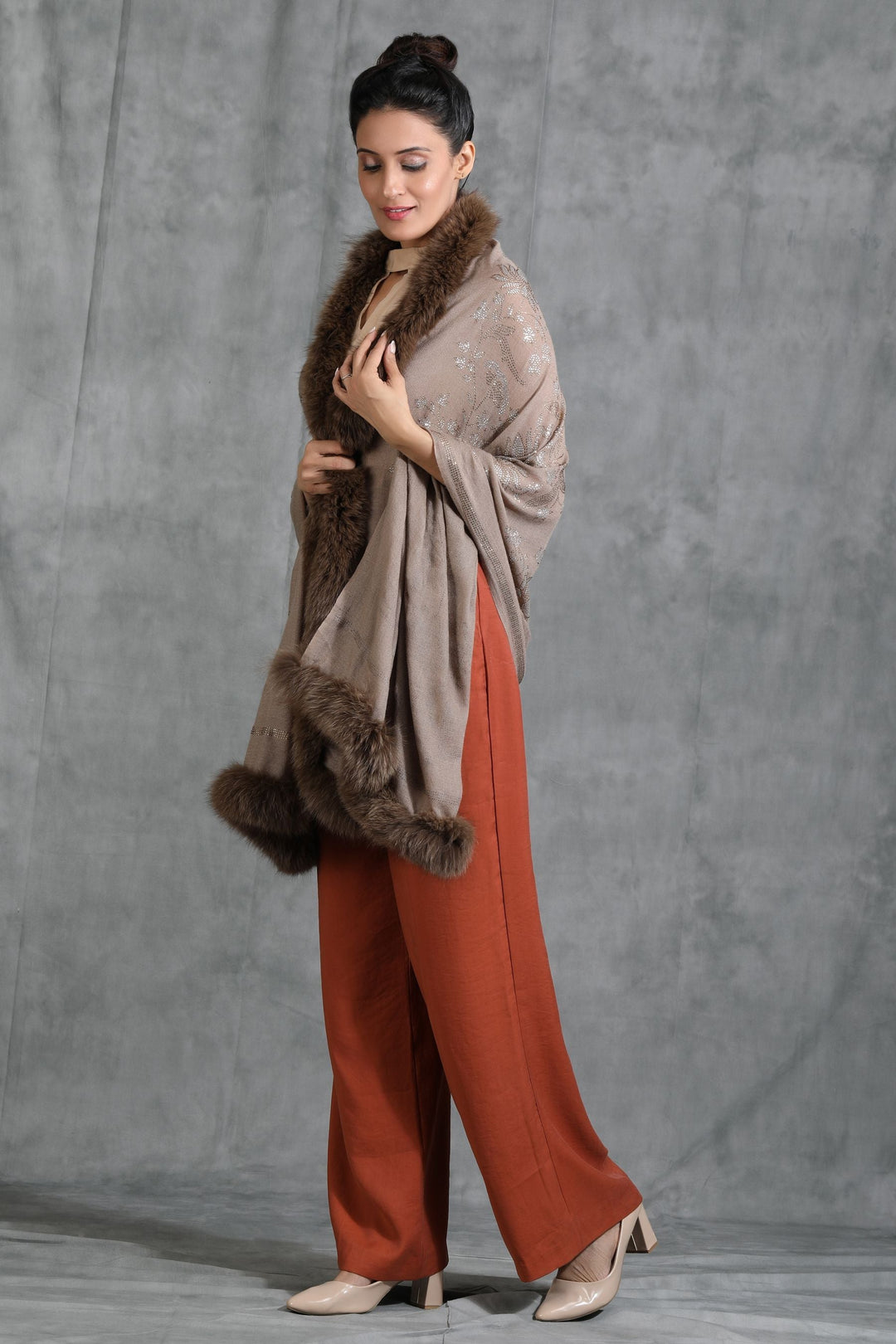 Cashmere Lotus Design Swarovski Stone Work Fur Stole | SHOBITAM
