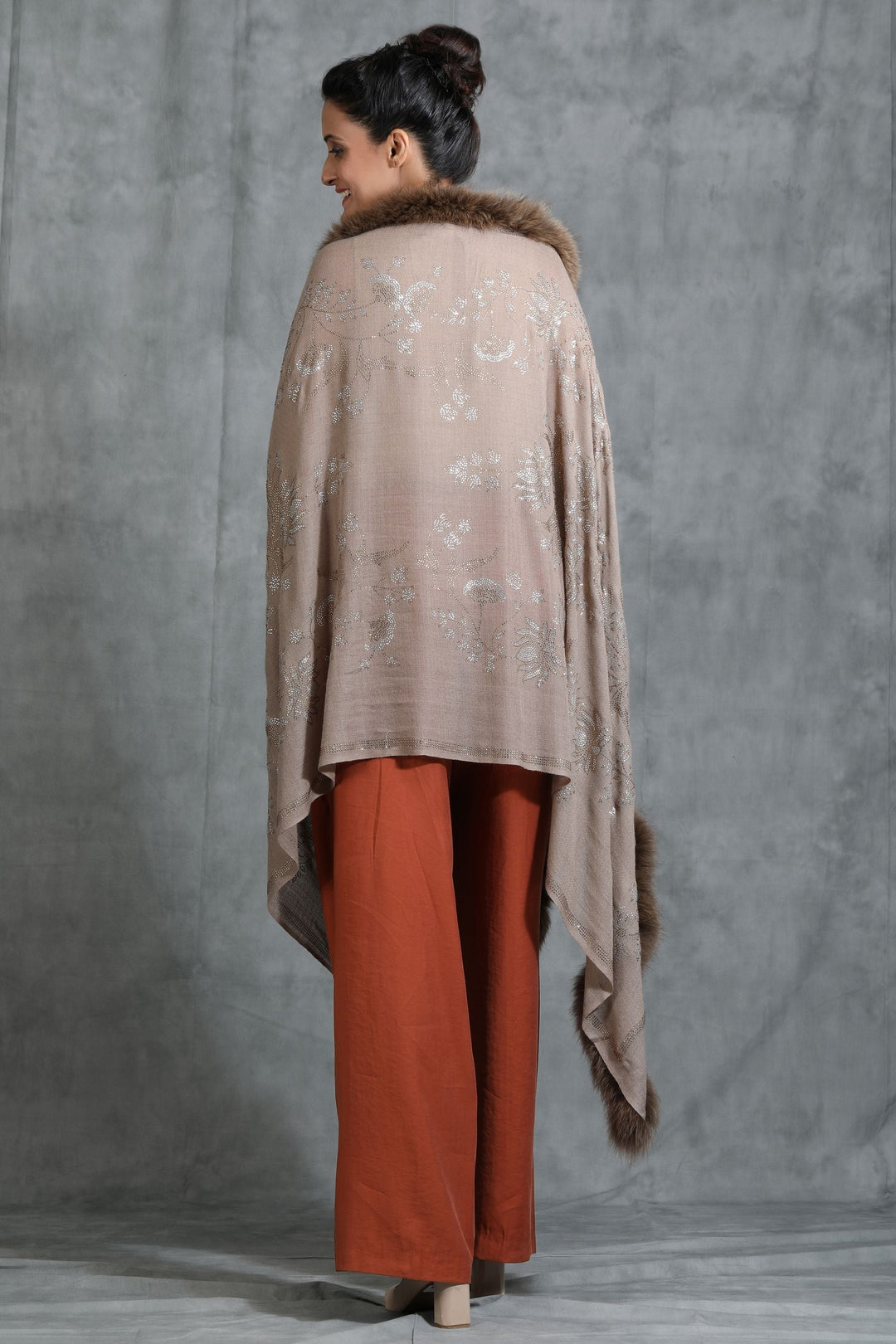 Cashmere Lotus Design Swarovski Stone Work Fur Stole | SHOBITAM