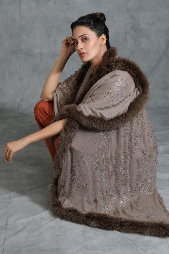 Cashmere Lotus Design Swarovski Stone Work Fur Stole | SHOBITAM