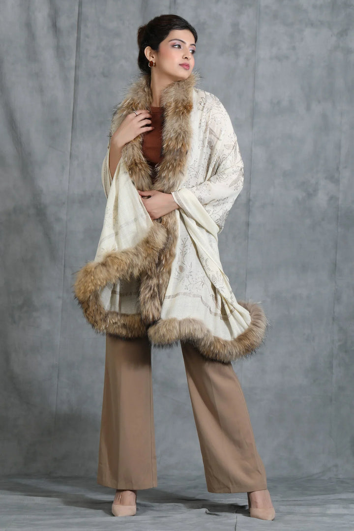 Cashmere Lotus Design Swaroski Stone Work Fur Stole | SHOBITAM