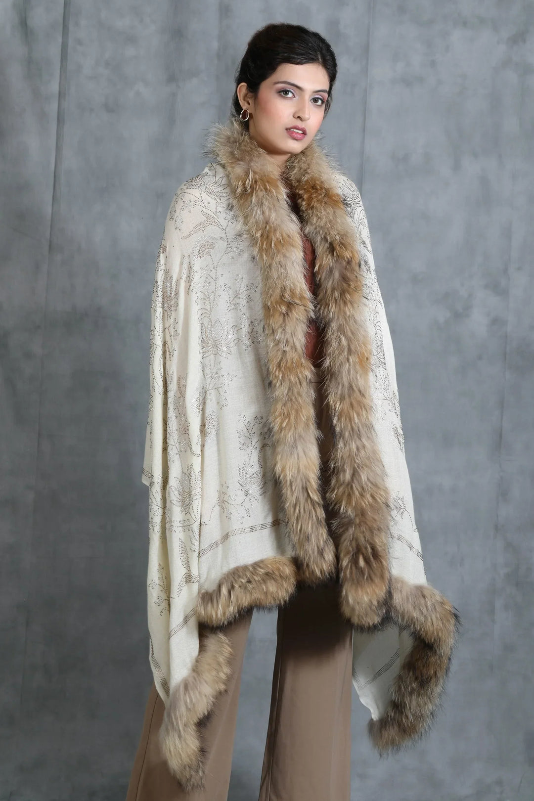 Cashmere Lotus Design Swaroski Stone Work Fur Stole | SHOBITAM