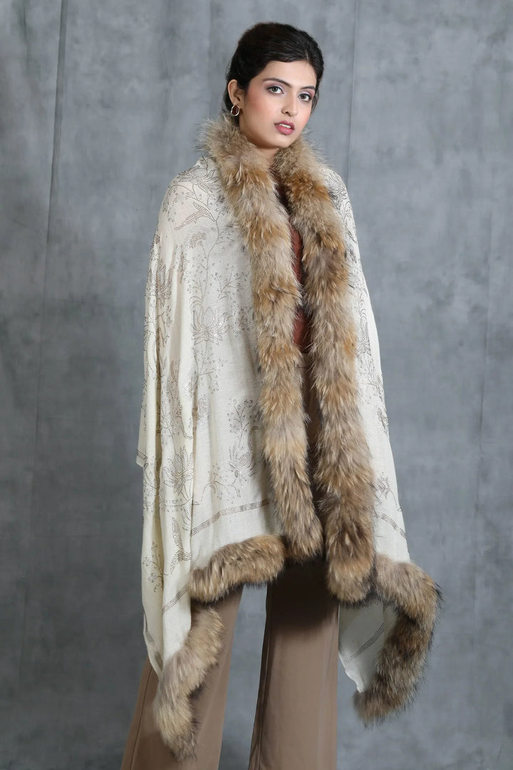 Cashmere Lotus Design Swaroski Stone Work Fur Stole | SHOBITAM