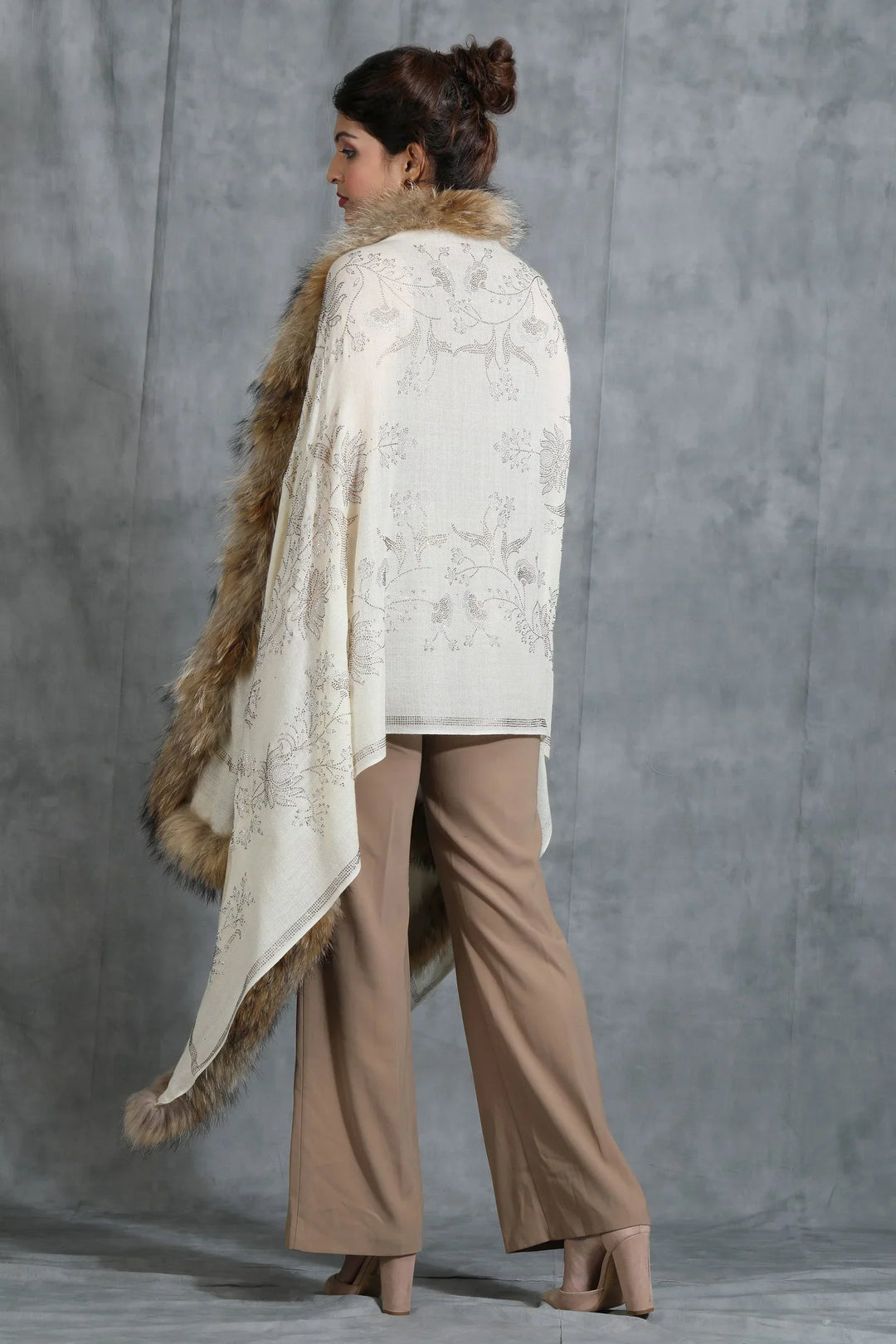 Cashmere Lotus Design Swaroski Stone Work Fur Stole | SHOBITAM
