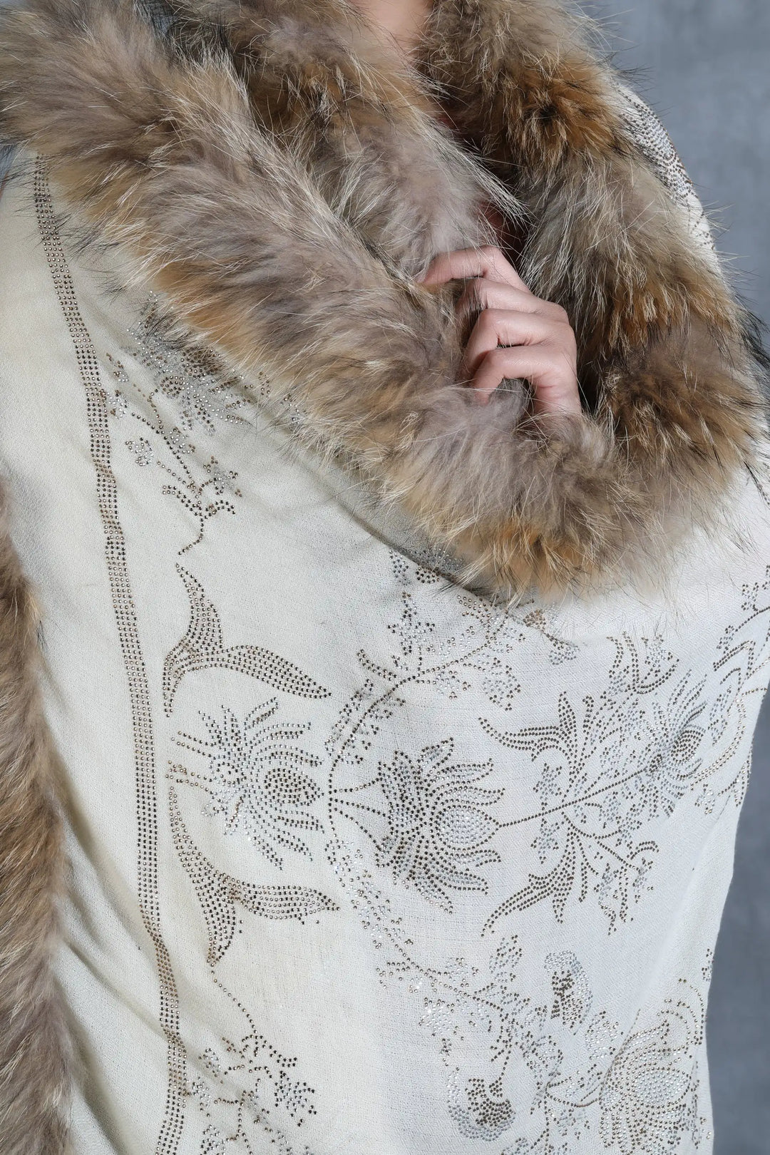 Cashmere Lotus Design Swaroski Stone Work Fur Stole | SHOBITAM