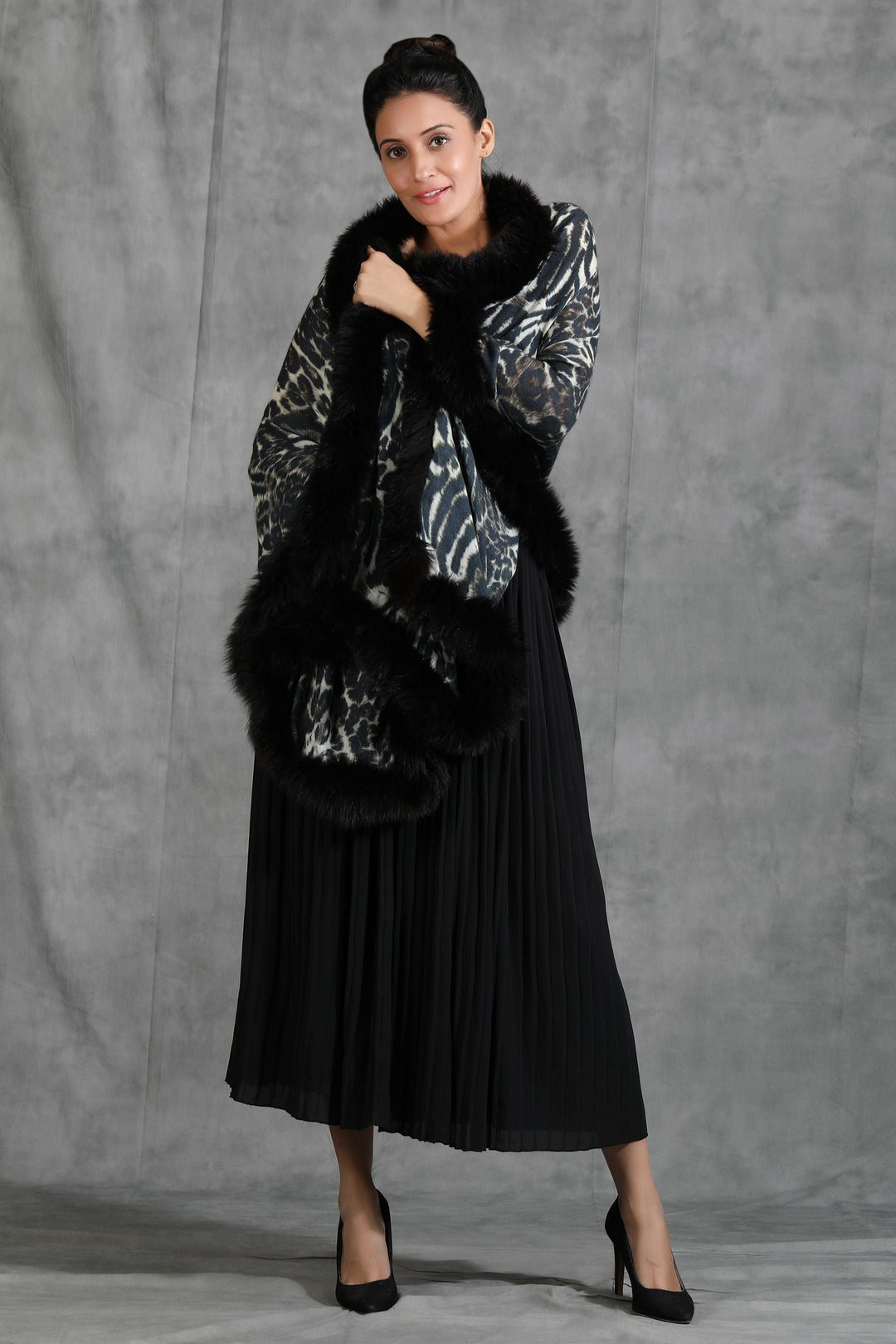 Cashmere Fine Wool Digital Animal Print With High Quality Fur Stole | SHOBITAM