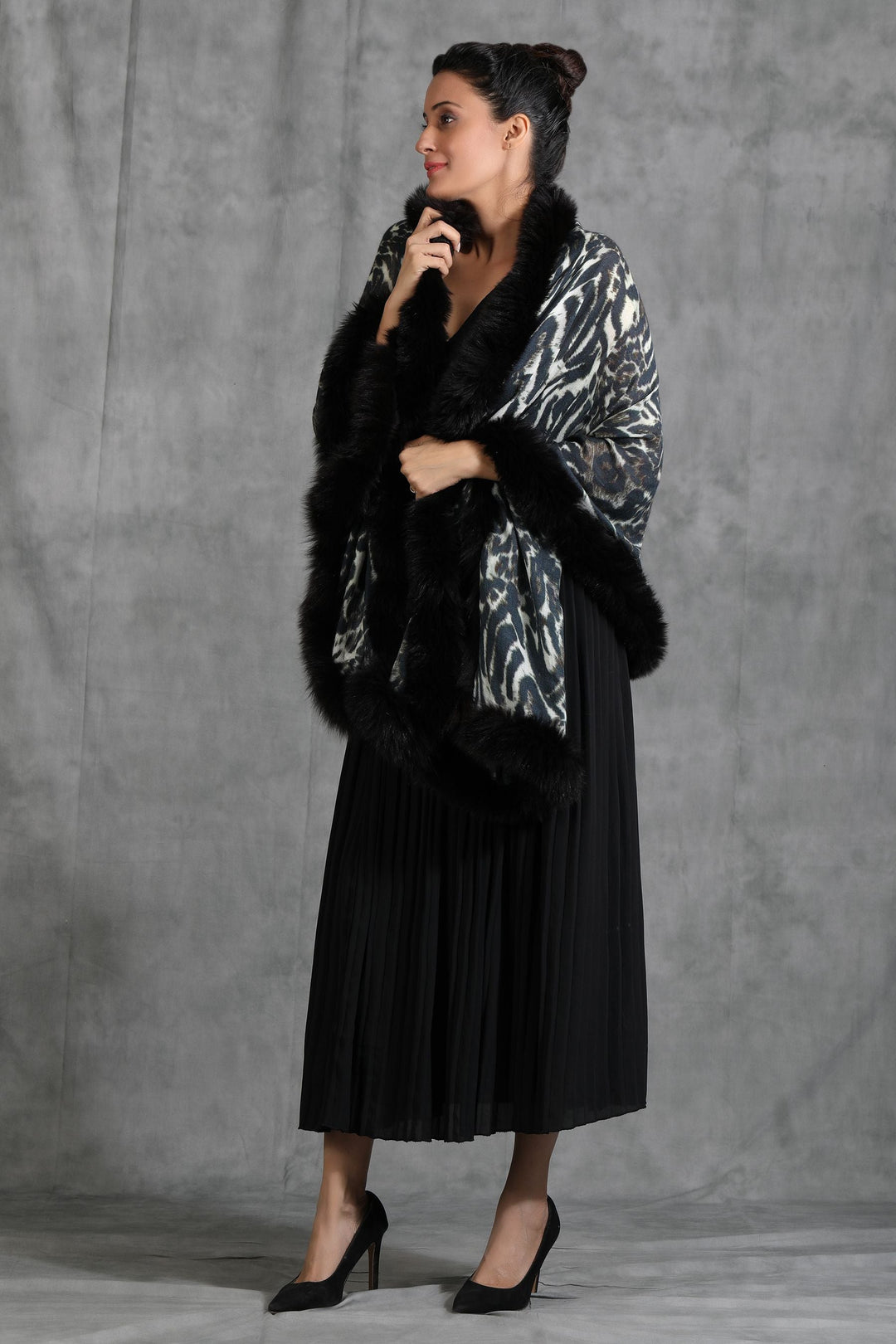 Cashmere Fine Wool Digital Animal Print With High Quality Fur Stole | SHOBITAM