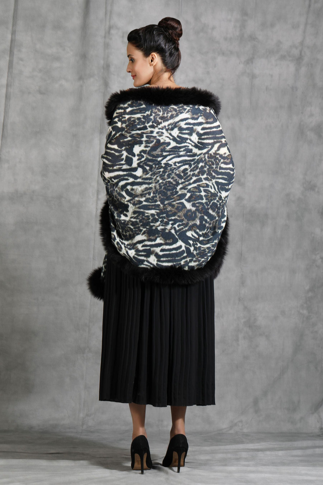 Cashmere Fine Wool Digital Animal Print With High Quality Fur Stole | SHOBITAM