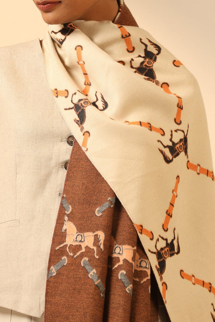 Cream and Brown Vegan Cashmere Stole 80 by 28