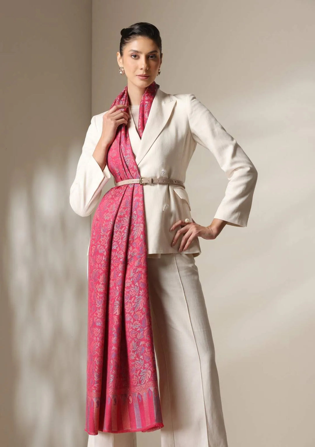Fuschia woven kani floral stole | SHOBITAM