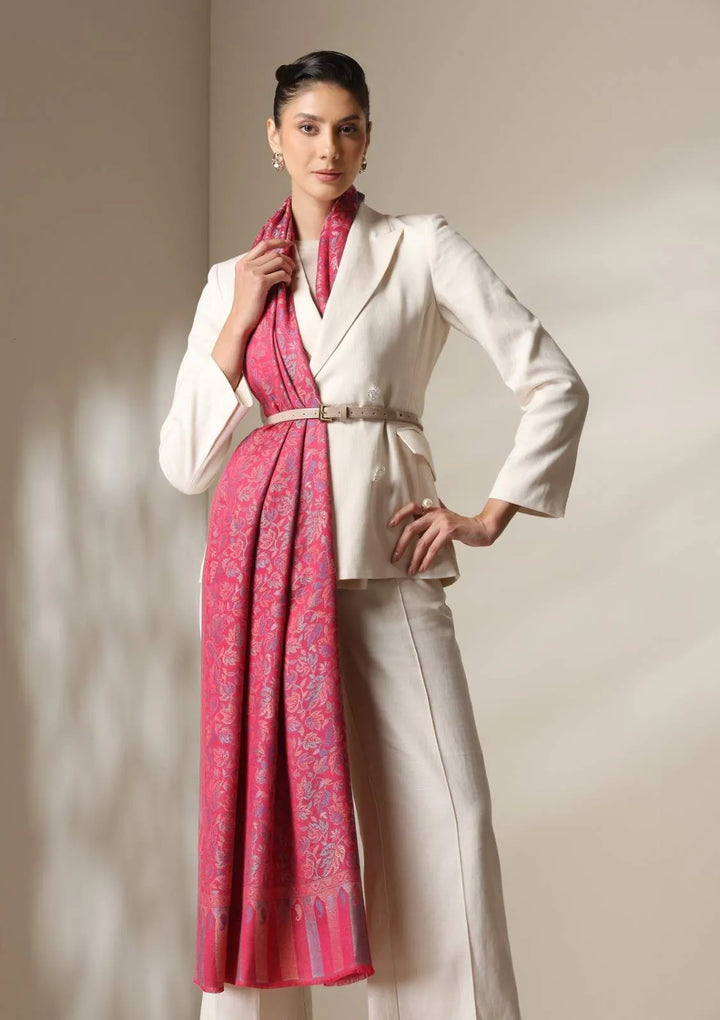 Fuschia woven kani floral stole | SHOBITAM