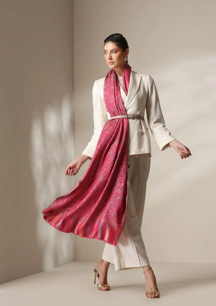 Fuschia woven kani floral stole | SHOBITAM
