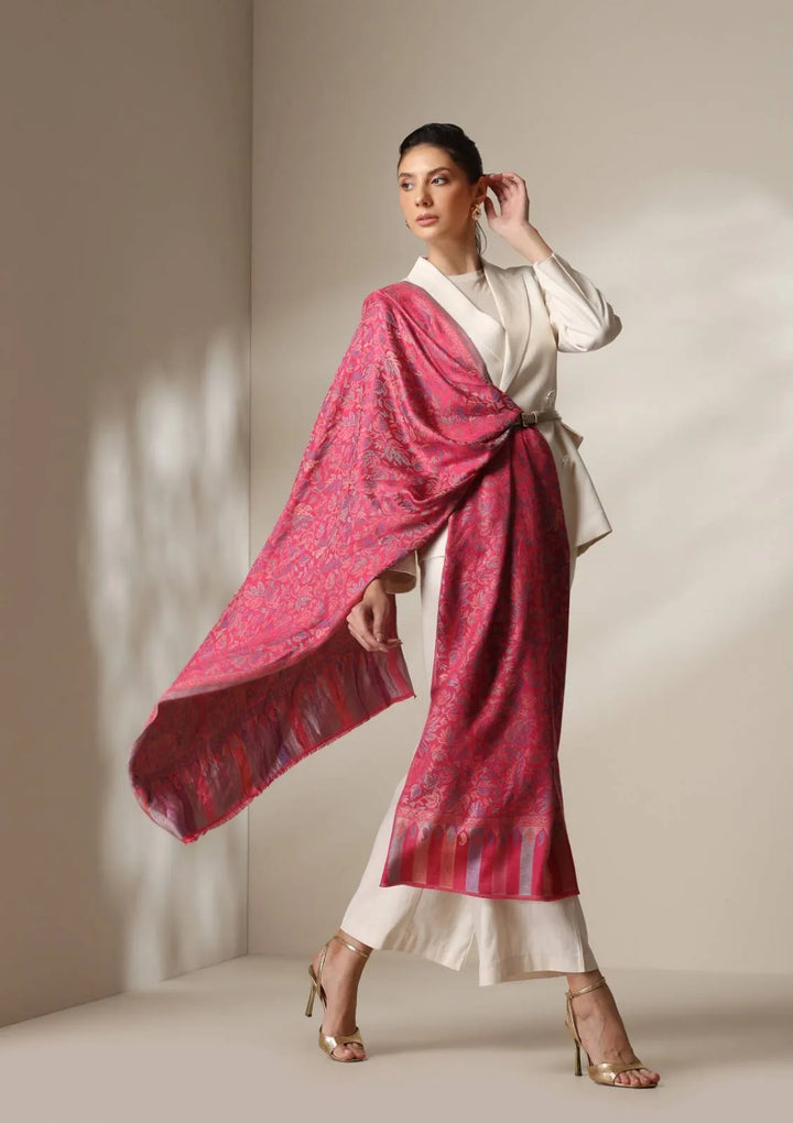 Fuschia woven kani floral stole | SHOBITAM