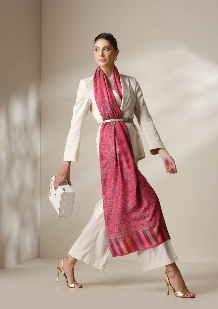 Fuschia woven kani floral stole | SHOBITAM