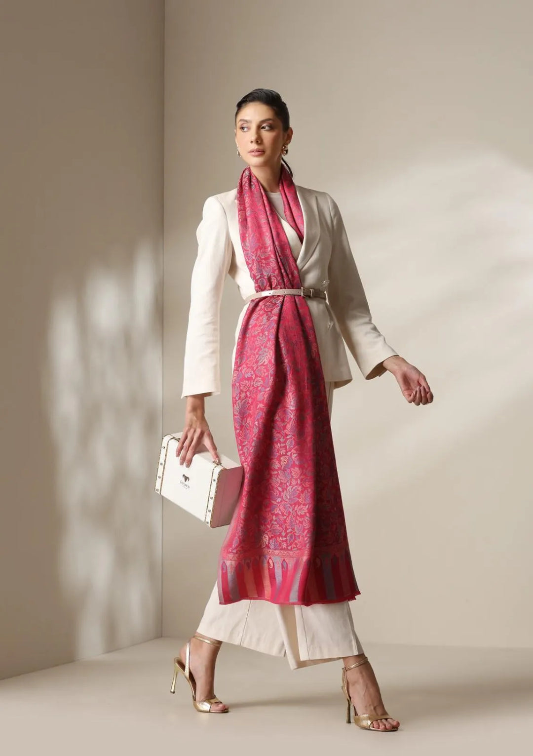 Fuschia woven kani floral stole | SHOBITAM