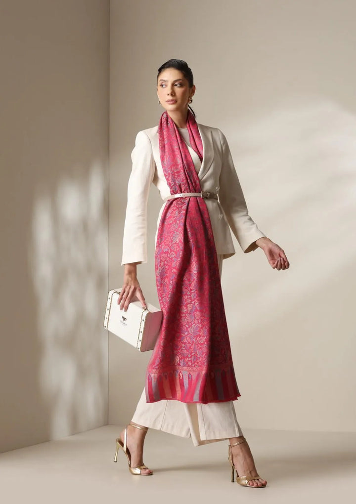 Fuschia woven kani floral stole | SHOBITAM