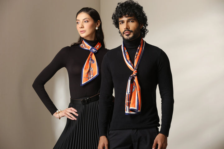 Equestrian Orange Silk Scarf set | SHOBITAM