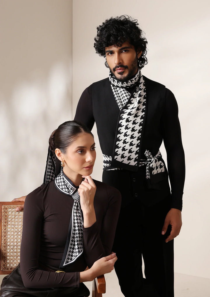 Monochrome Houndstooth silk Scarf set | SHOBITAM