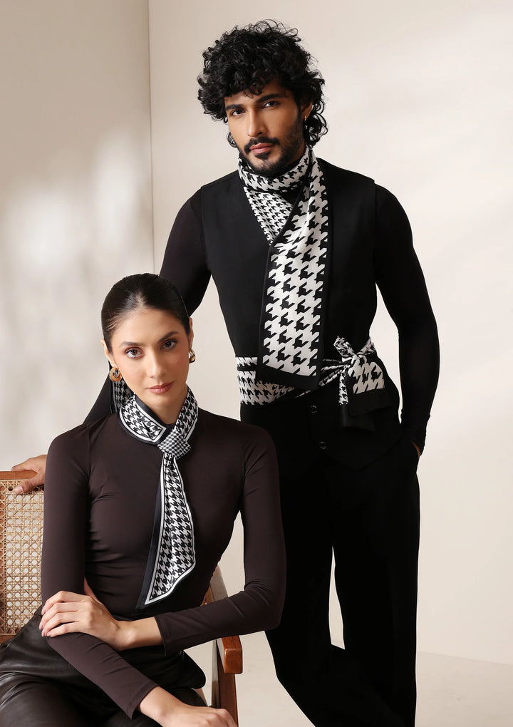 Monochrome Houndstooth silk Scarf set | SHOBITAM