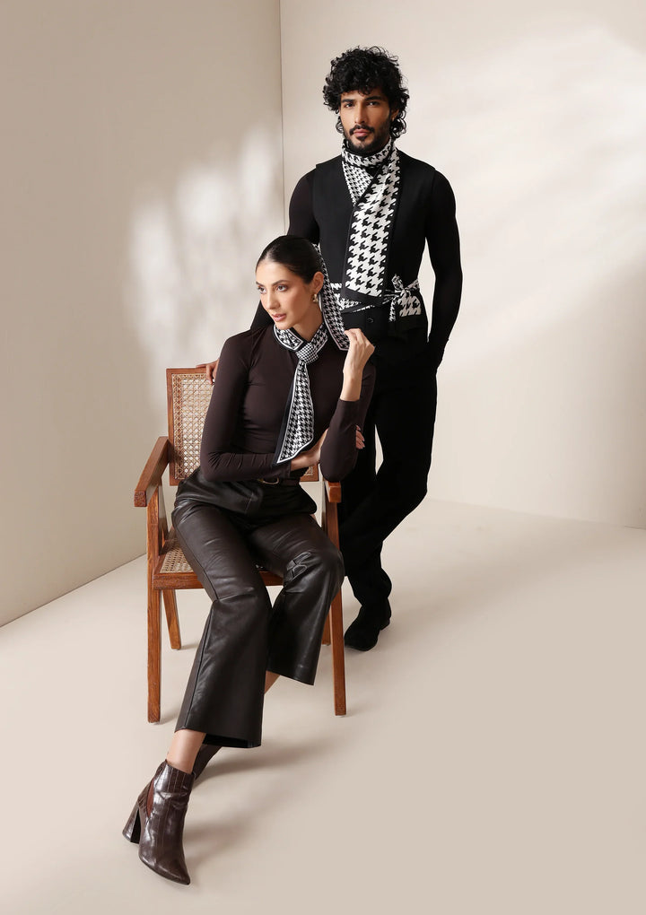 Monochrome Houndstooth silk Scarf set | SHOBITAM