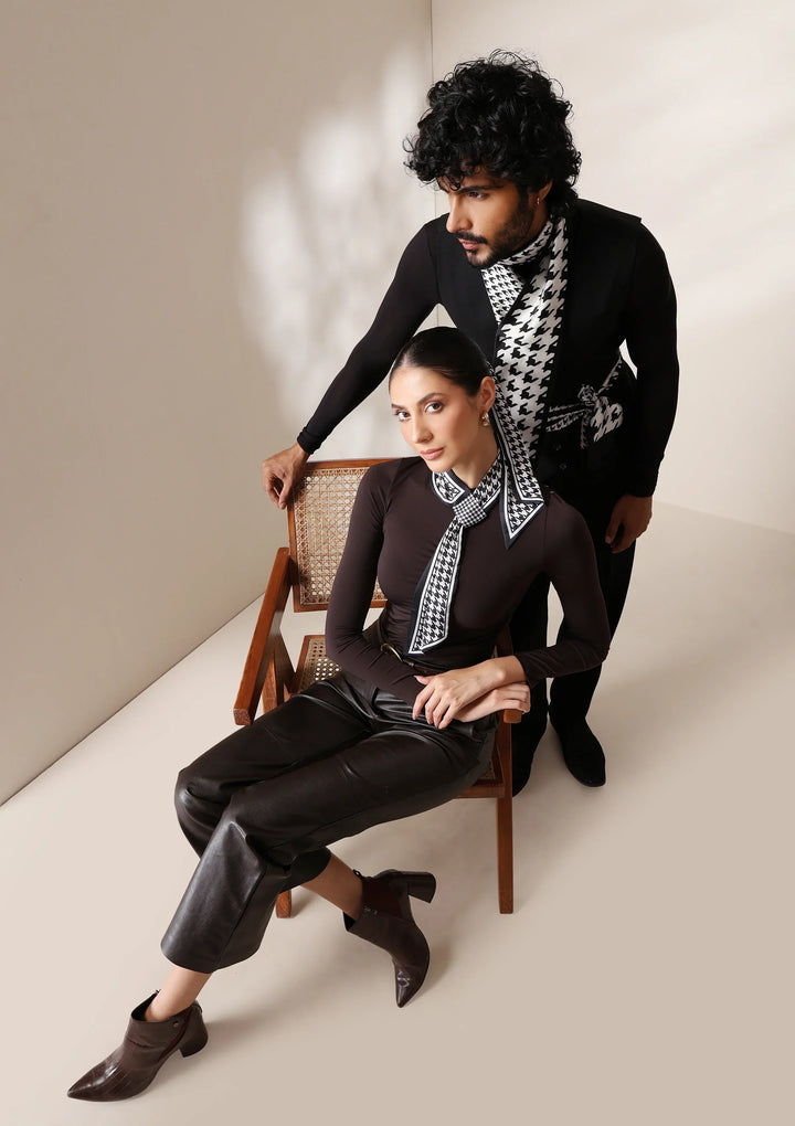 Monochrome Houndstooth silk Scarf set | SHOBITAM
