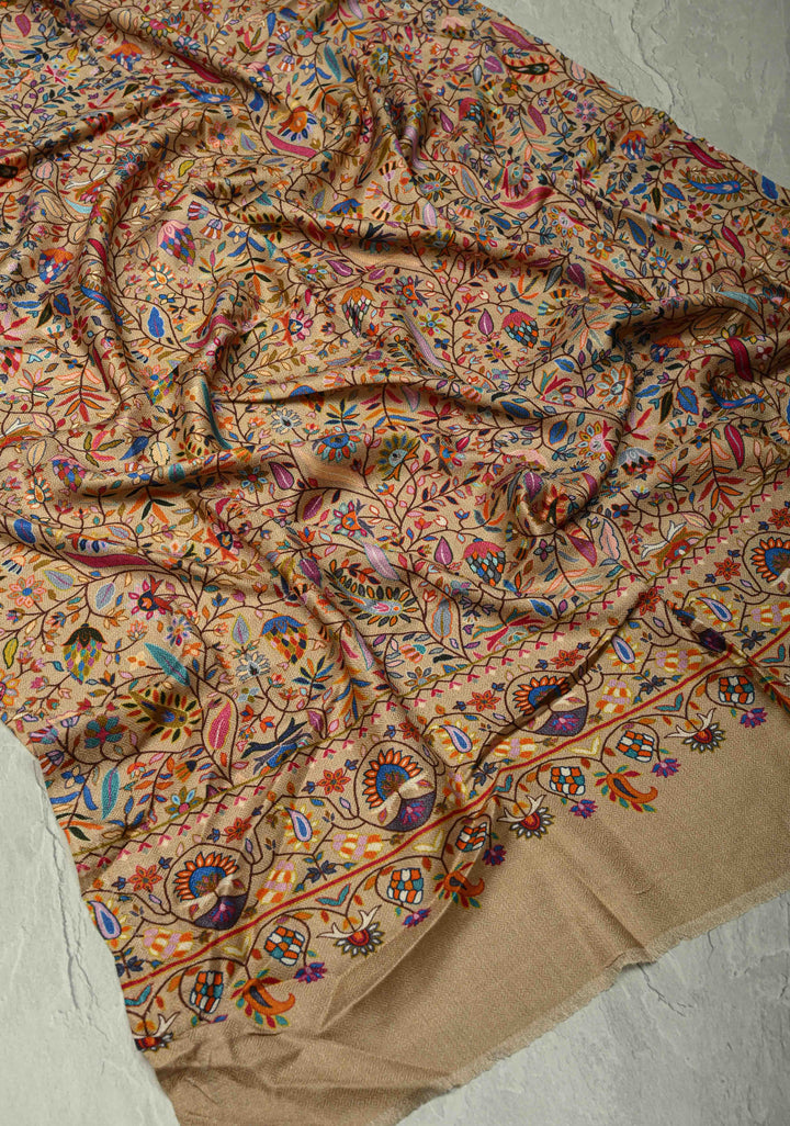 Beige Pashmina Shawl for Men & Women with Meenakari Floral Jaal Size 30 x 76