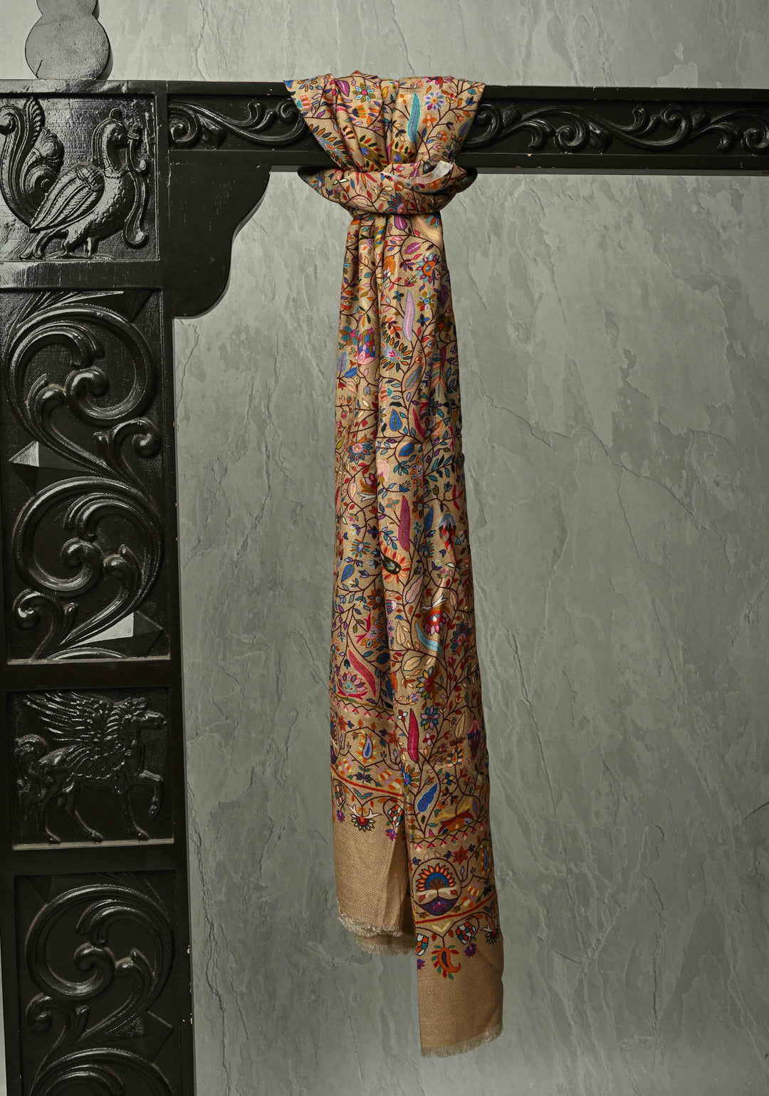 Beige Pashmina Shawl for Men & Women with Meenakari Floral Jaal Size 30 x 76