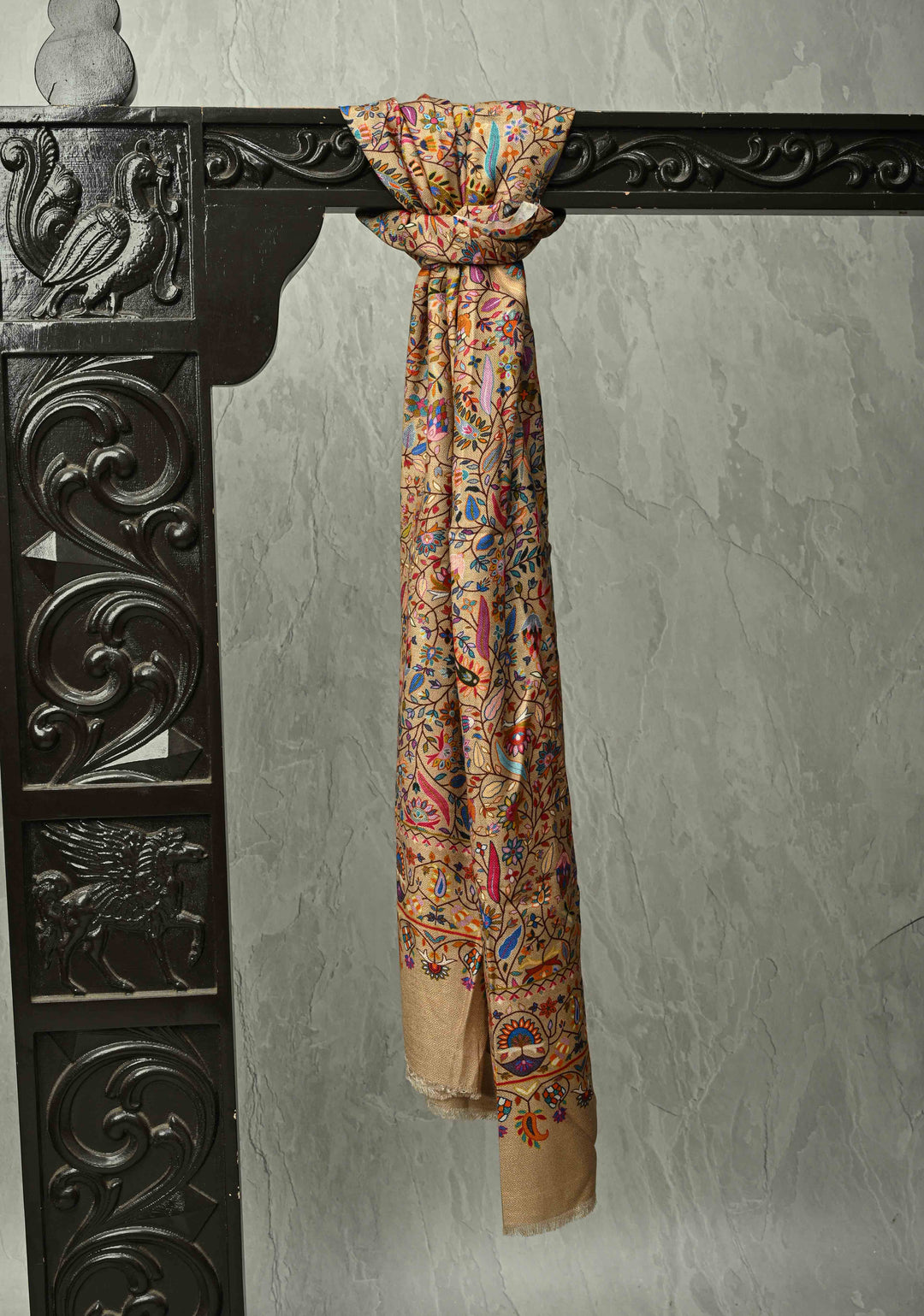 Beige Pashmina Shawl for Men & Women with Meenakari Floral Jaal Size 30 x 76