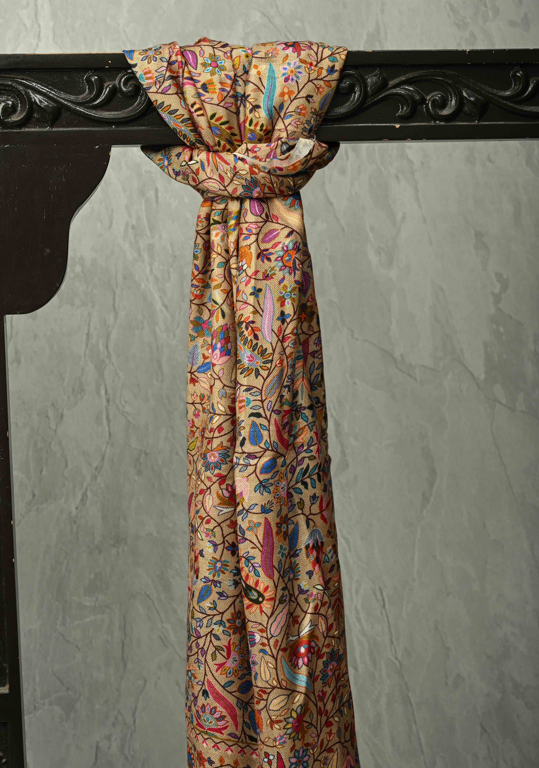 Beige Pashmina Shawl for Men & Women with Meenakari Floral Jaal Size 30 x 76