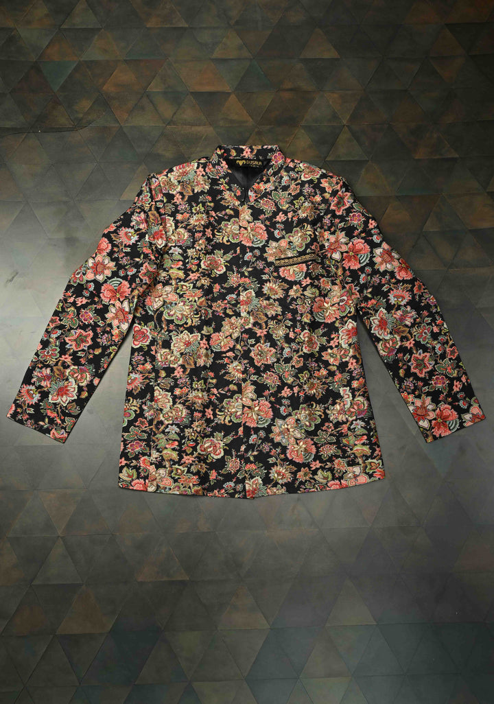 Black Floral Digital Print on Bandhgala Silk Full Jacket for Men with Zardozi and Sequins Embroidery  | Made To Order
