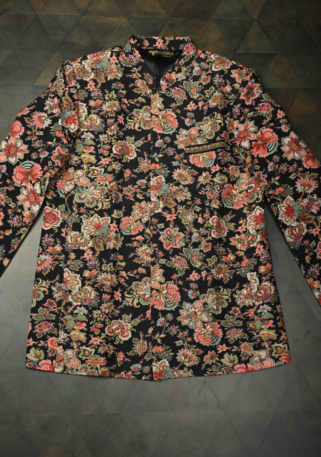 Black Floral Digital Print on Bandhgala Silk Full Jacket for Men with Zardozi and Sequins Embroidery  | Made To Order