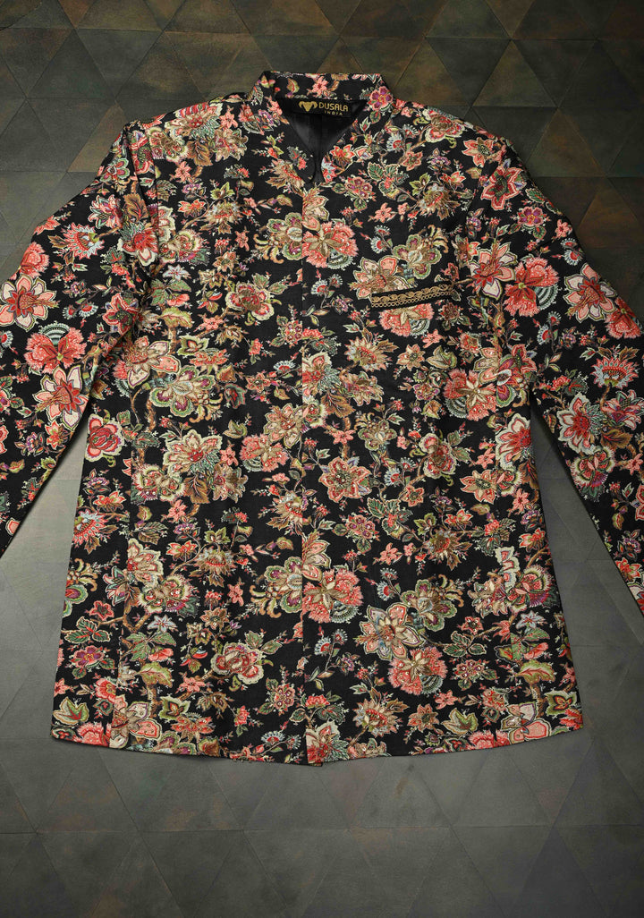 Black Floral Digital Print on Bandhgala Silk Full Jacket for Men with Zardozi and Sequins Embroidery  | Made To Order
